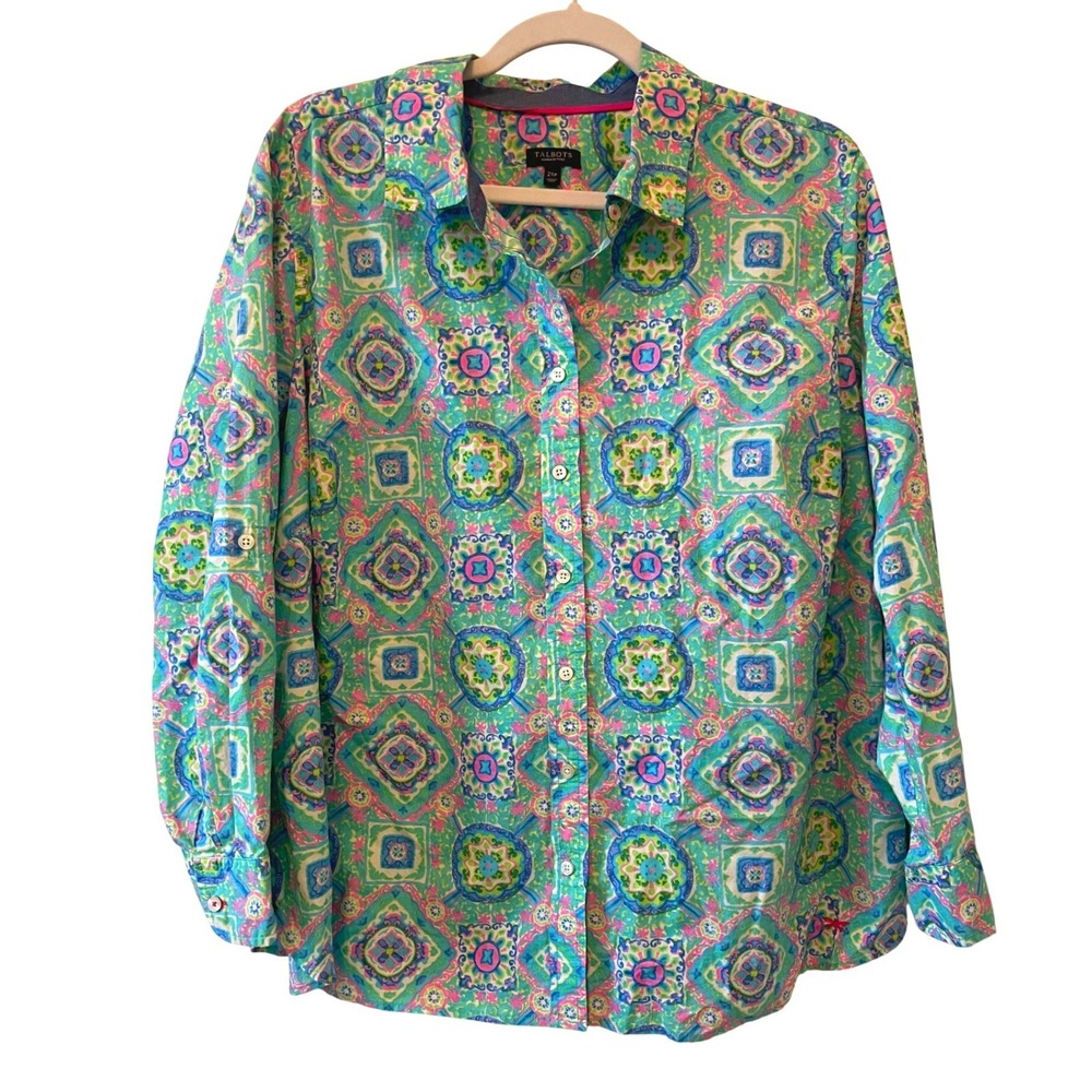 Talbots Size 2XP Button Front Shirt Geometric Medallion Cotton Spring Colors